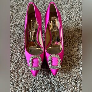 Badgley Mischka Fuchsia Satin Heels with Crystal Buckle